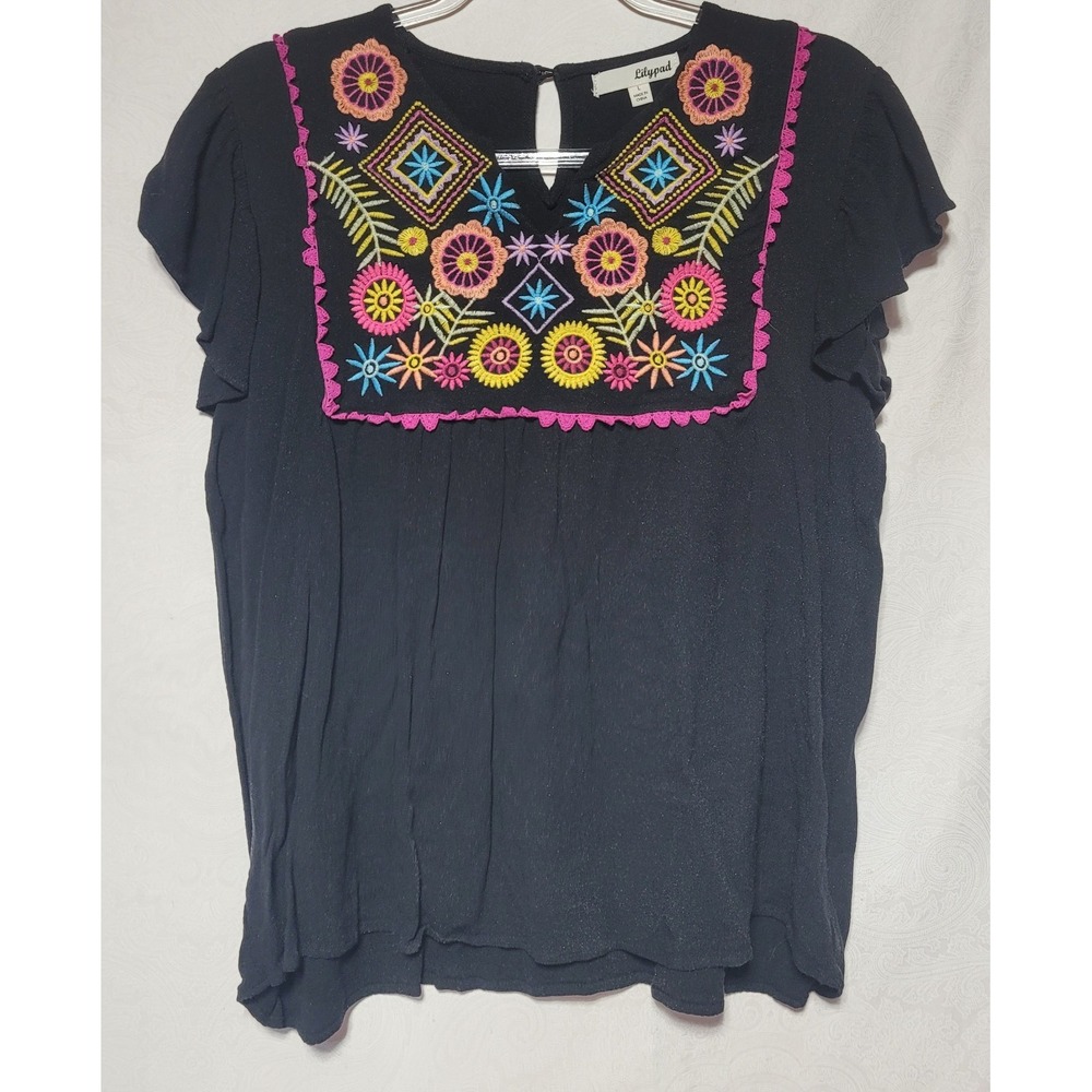 Lilypad Tunic Black with Embroidered Neckline Womens Size L
